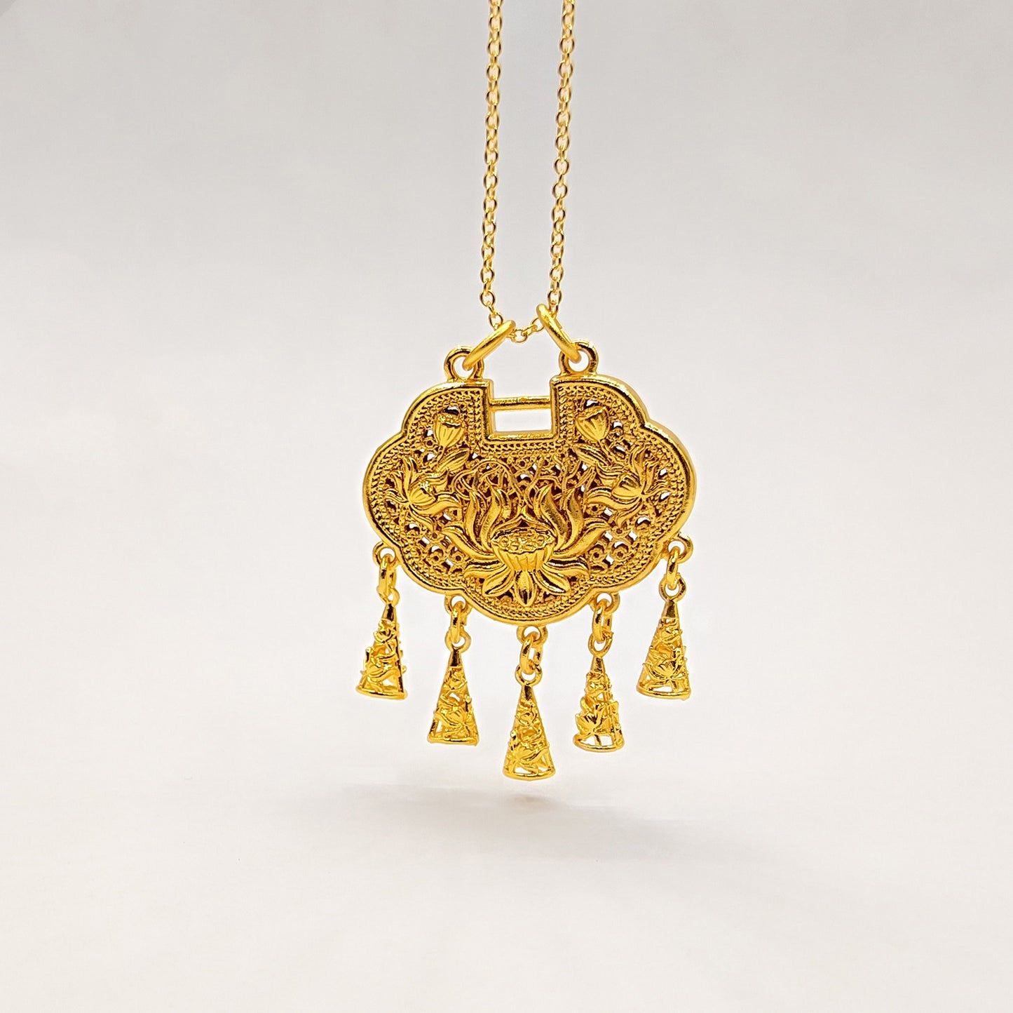 Women's Chinese Ancient Style Hollow Lotus Tassel Safety Lock National Fashion Necklaces