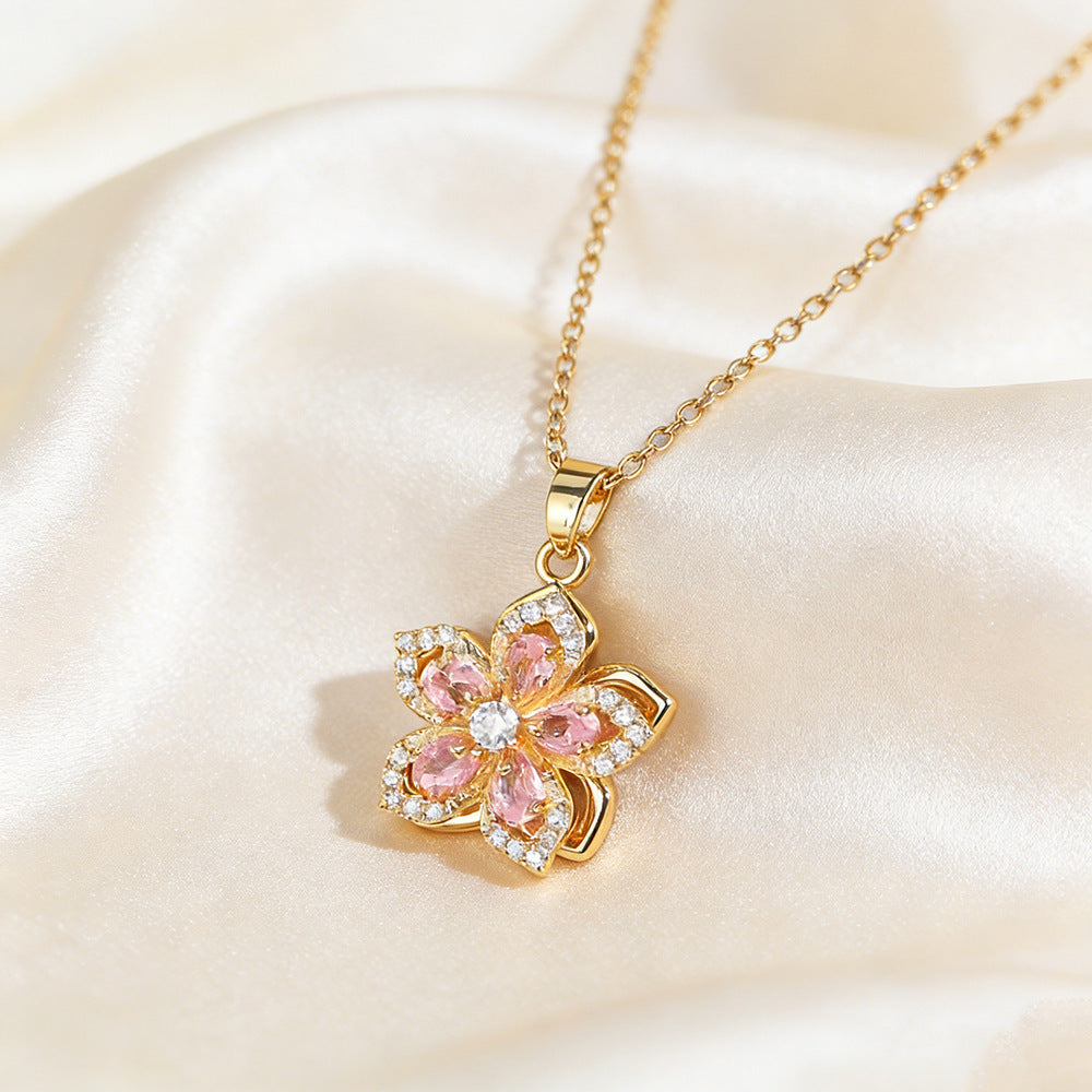 Women's Zircon Light Luxury High-grade Rotating Flower Fashion Titanium Steel Clavicle Necklaces