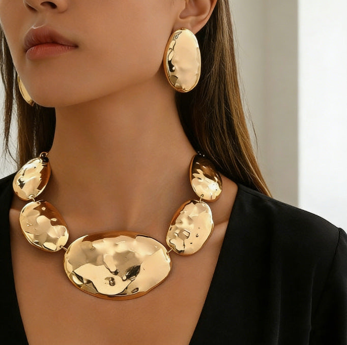 Irregular Oval Metal Glossy Geometric Pattern Cover Jewelry Set