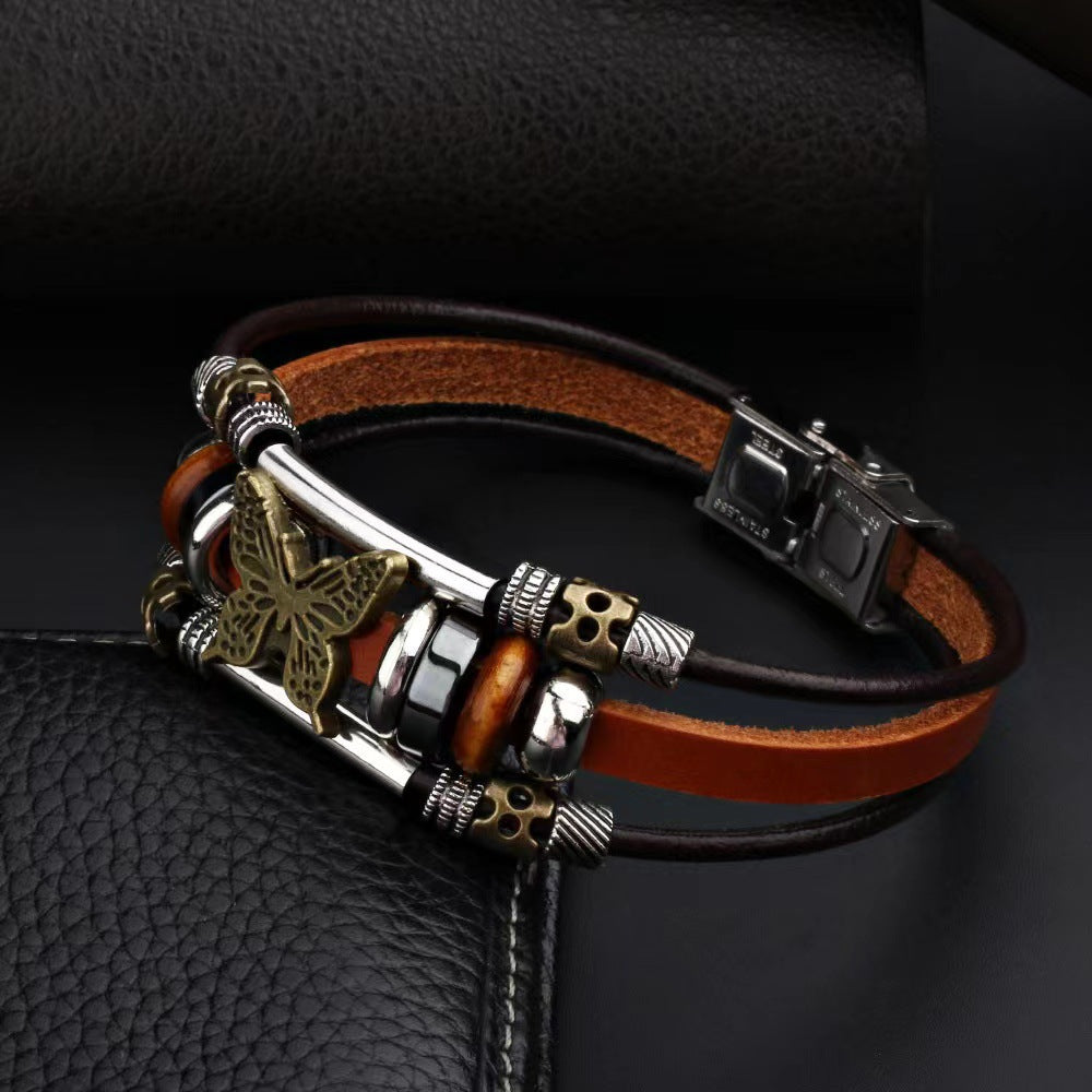 Men's Variety Of Cattle Leather Woven Gift Retro Stainless Steel Bracelet