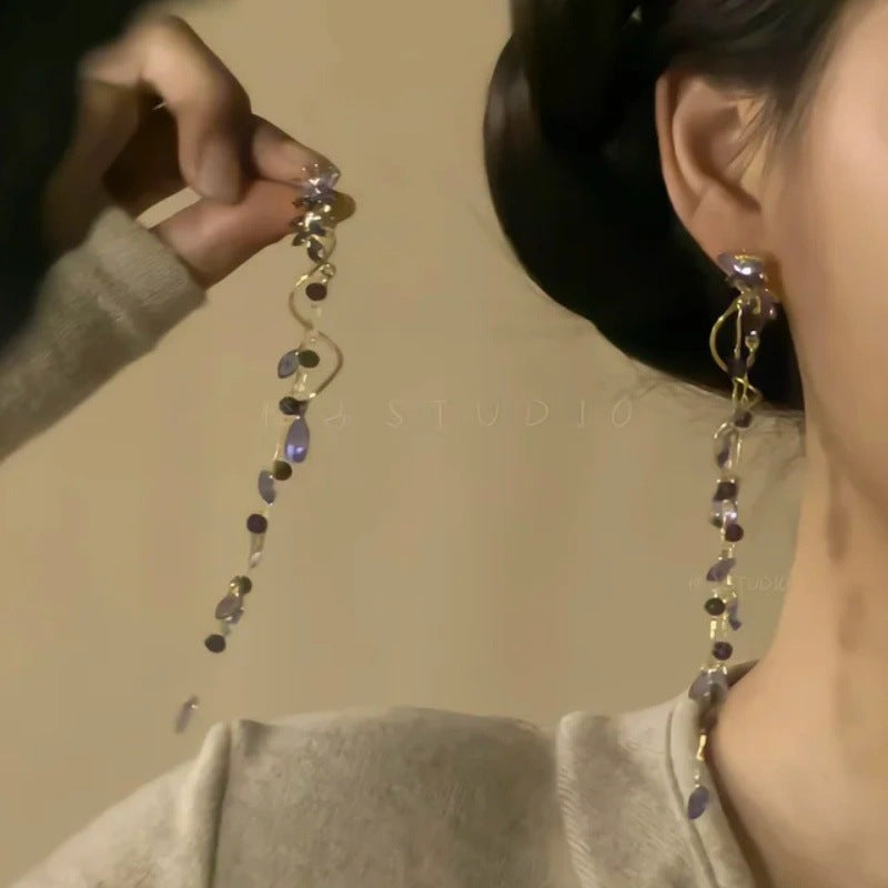 Women's Chinese Style National Burning Blue Beads Long Fringe Niche Retro Earrings