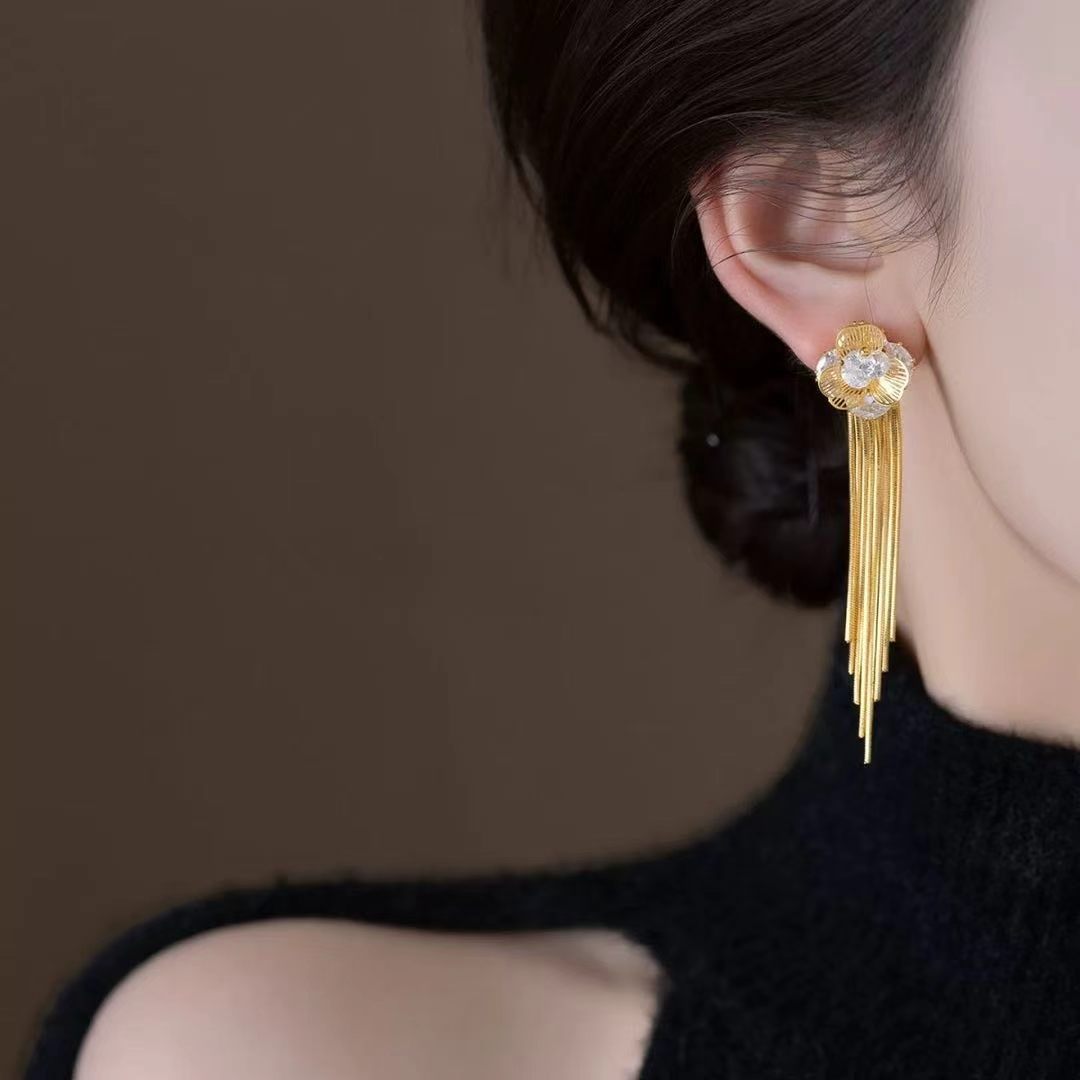 Gold Flower Long Fashion High Class Earrings