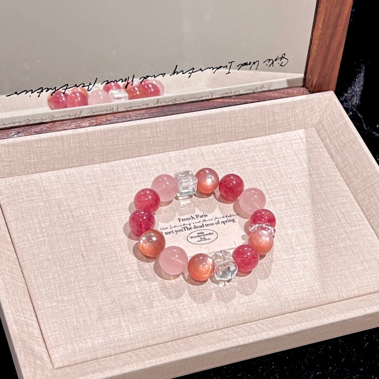 Blossom Natural Crystal Strawberry Pink White Square Bracelet