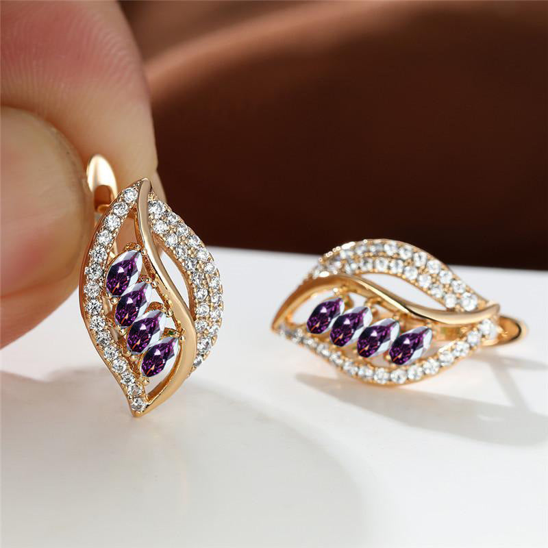 Green Empty Female Champagne Gold Four Diamond Leaf Micro High Stud Earrings