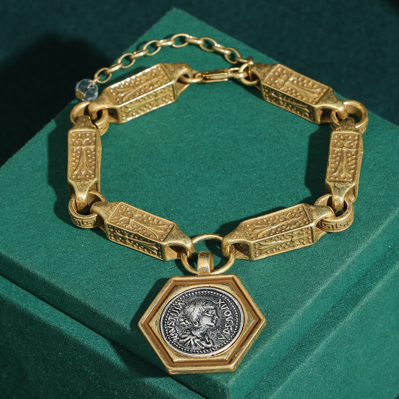 Vintage Summer Antique Coin Avatar Wide Distressed Diamond Copper Plated Bracelets