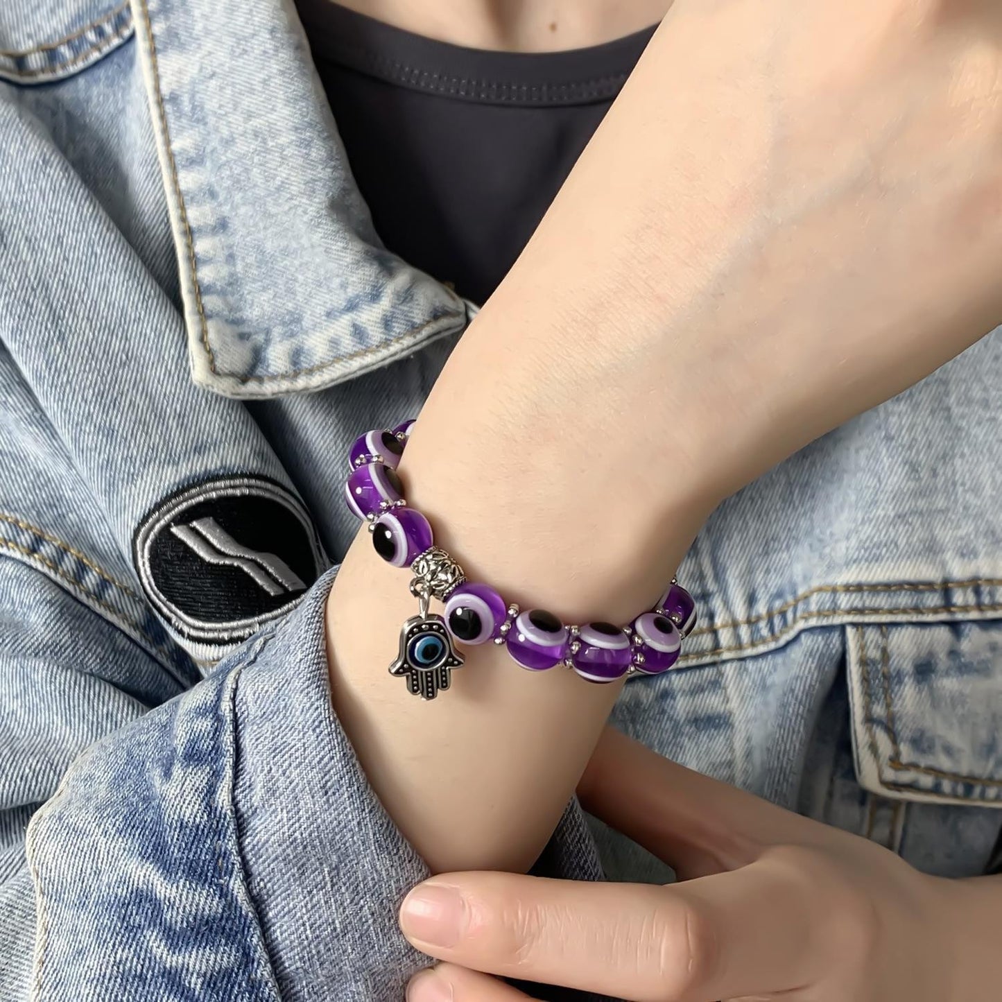 Alloy Palm Hollow Blue Eyes Beaded Elastic Bracelet