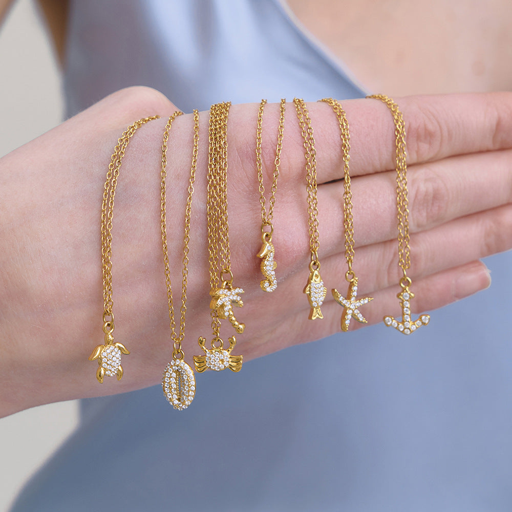 Style Gold Stainless Steel Zircon Marine Light Luxury High Necklace