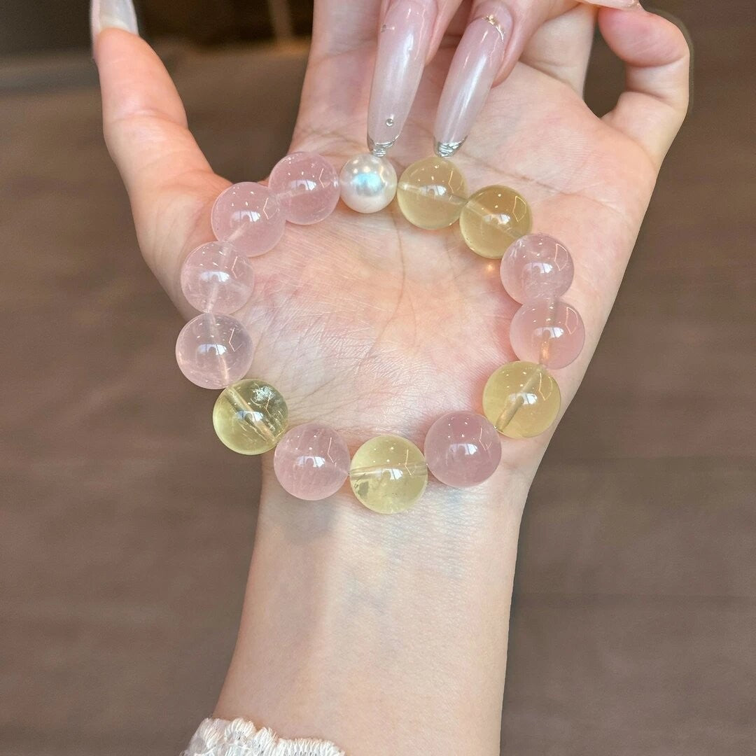 Blossom Natural Crystal Strawberry Pink White Square Bracelet