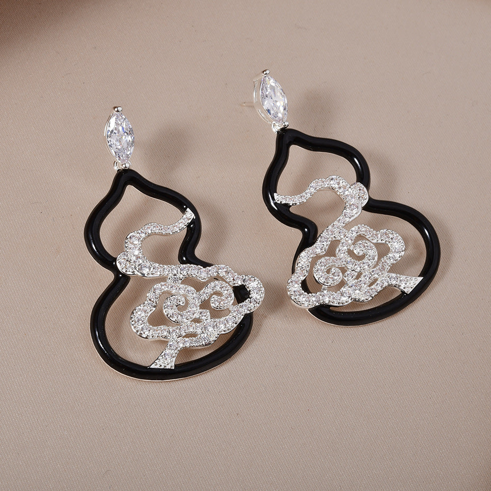 Full Diamond Auspicious Clouds Black Oil Dripping Gourd Earrings
