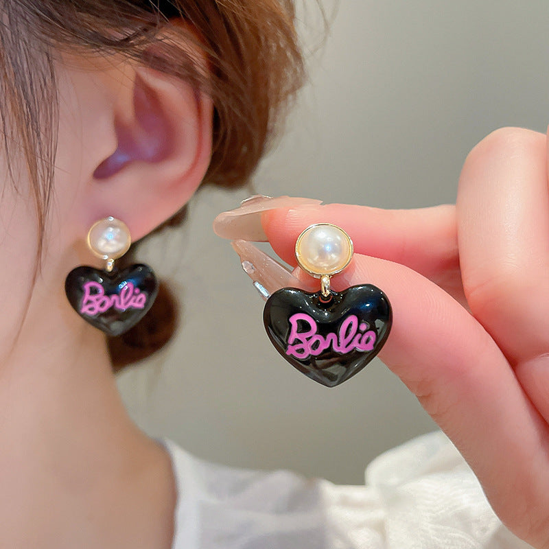 Drop Oil Barbie Letter Love Heart Imitation Pearl Earrings