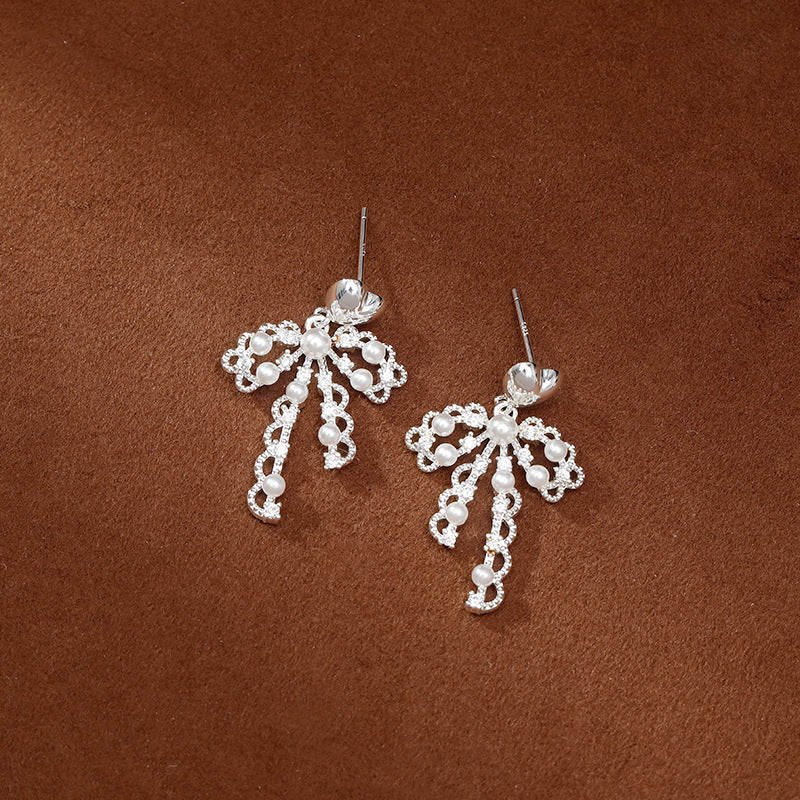 Lace Bow Pearl Female Sweet Light Luxury Minority Earrings