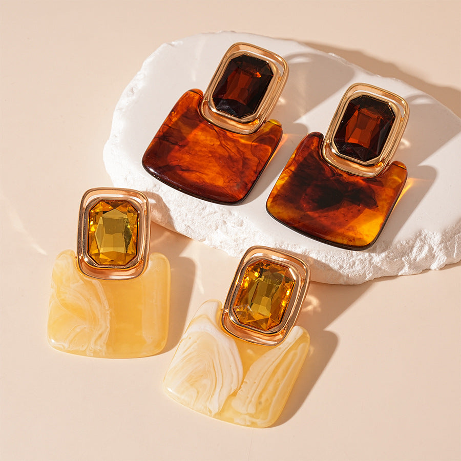 Women's Resin Diamond Square Sier Retro Exaggerated Personalized Earrings