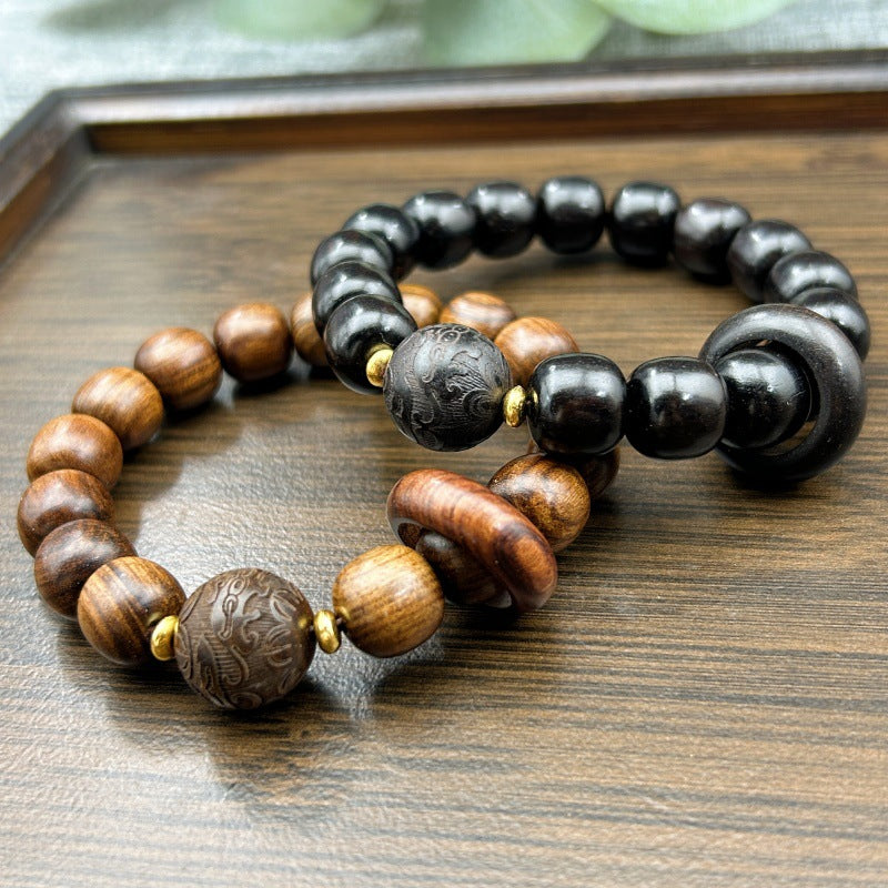 Women's & Men's Sandalwood Carving Beads Lettering Flexible Black Bracelet
