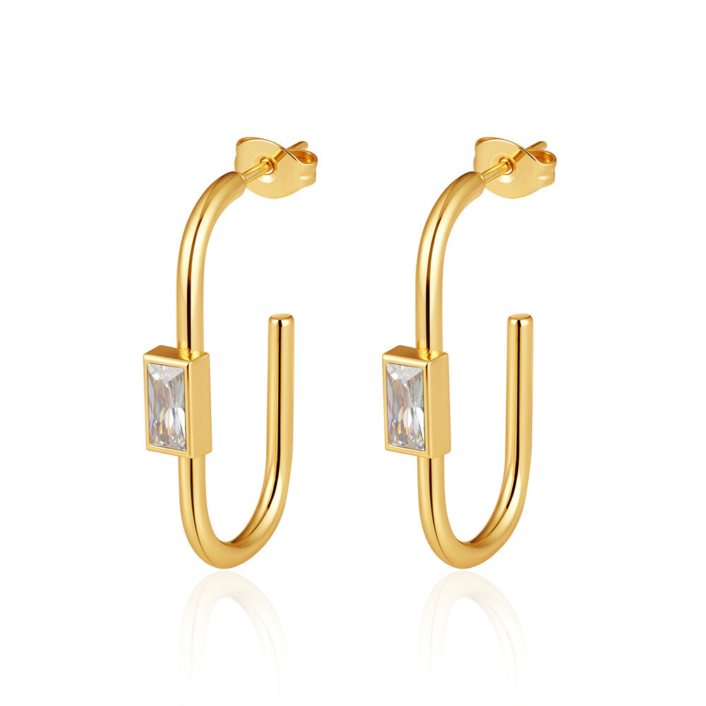 Women's Fashionable Oval Stainless Steel Square Zirconium High-grade Light Earrings