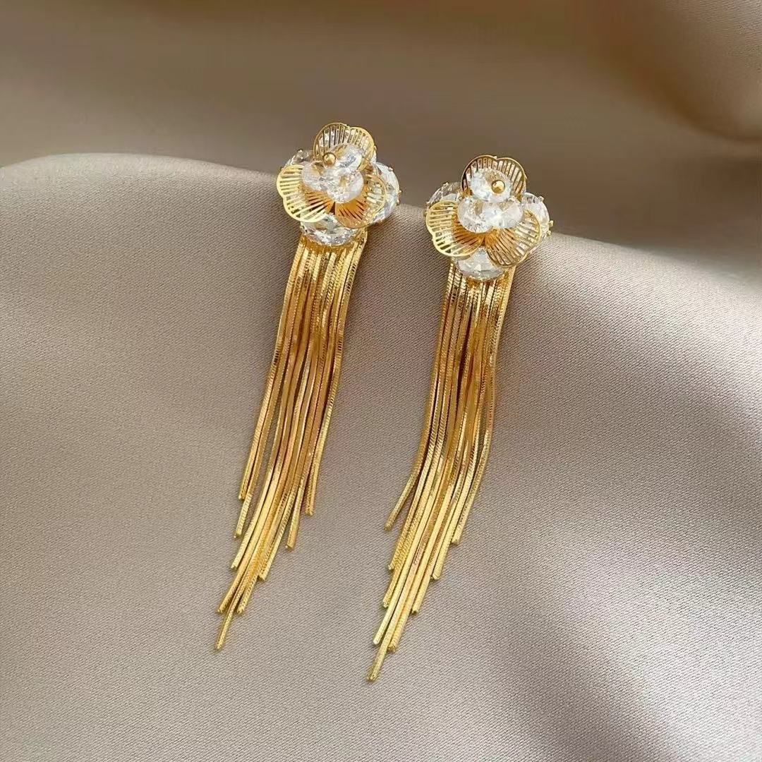 Gold Flower Long Fashion High Class Earrings