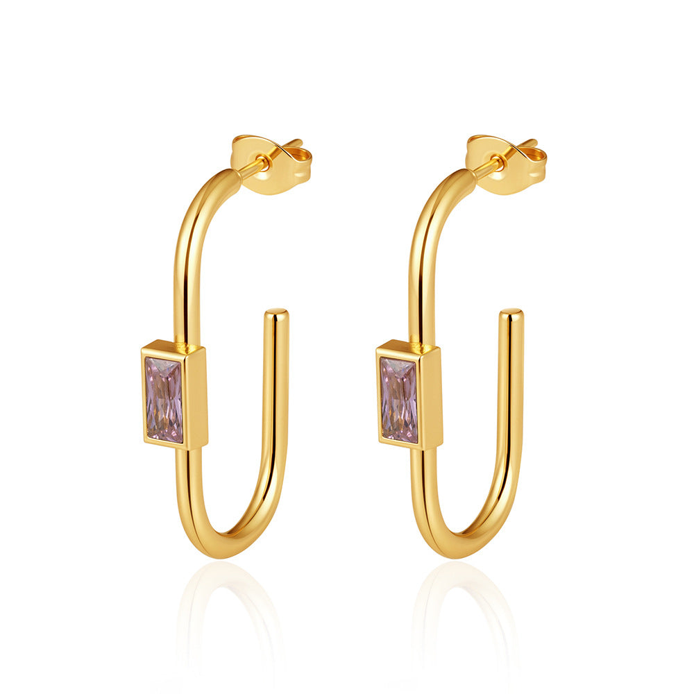 Women's Fashionable Oval Stainless Steel Square Zirconium High-grade Light Earrings