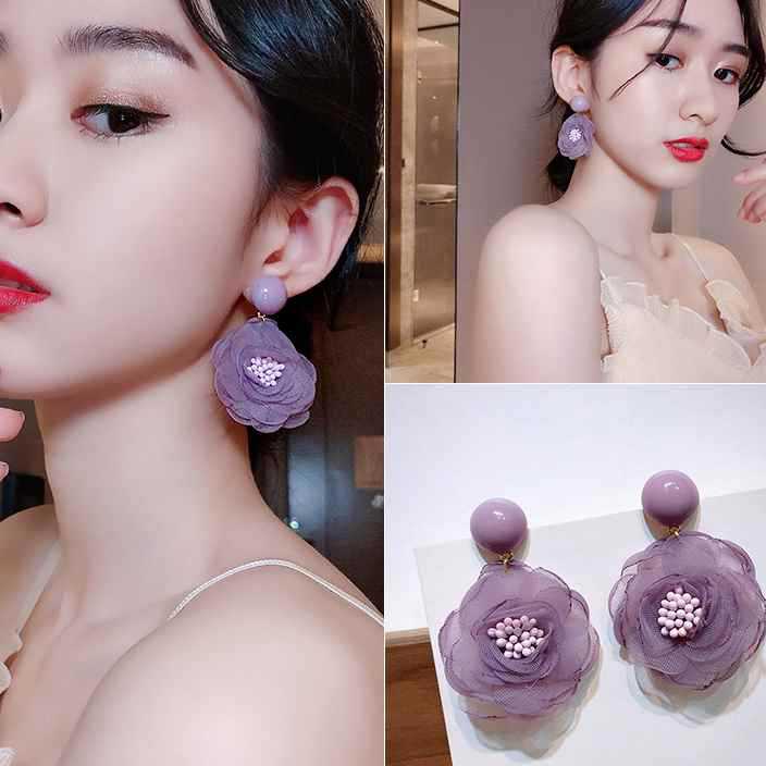 Women's Chiffon Lace Flower Purple Petal Eardrops Rings