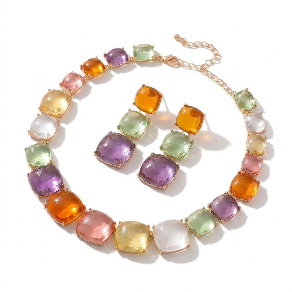 Cube Sugar Gem Female Light Luxury Temperament Color Crystal Dinner Jewelry Set