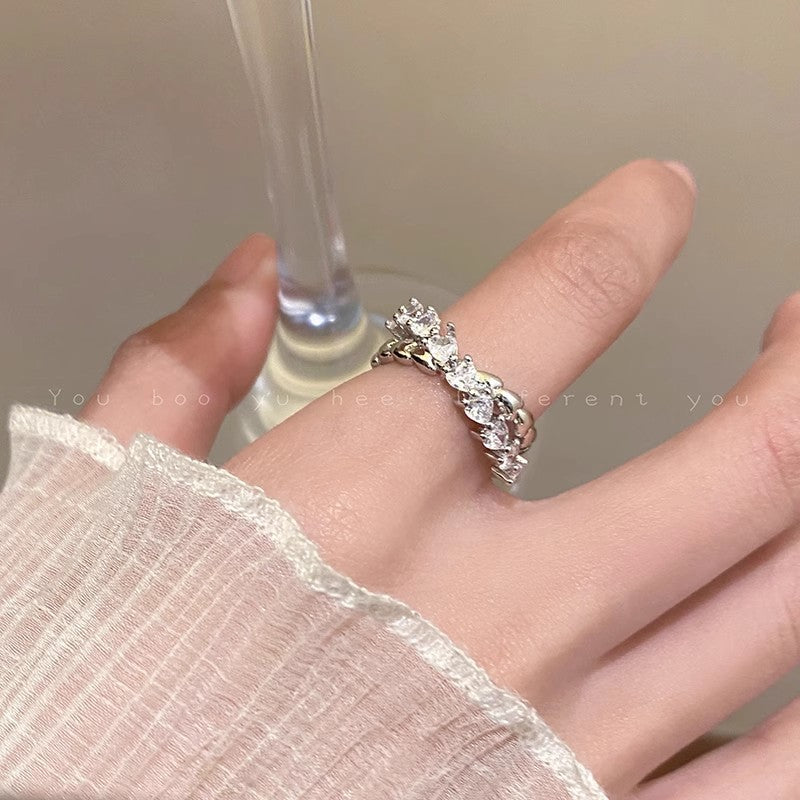 Light Luxury Cross Rhinestone Heart-shaped Open Female Design Fashionable Index Ring