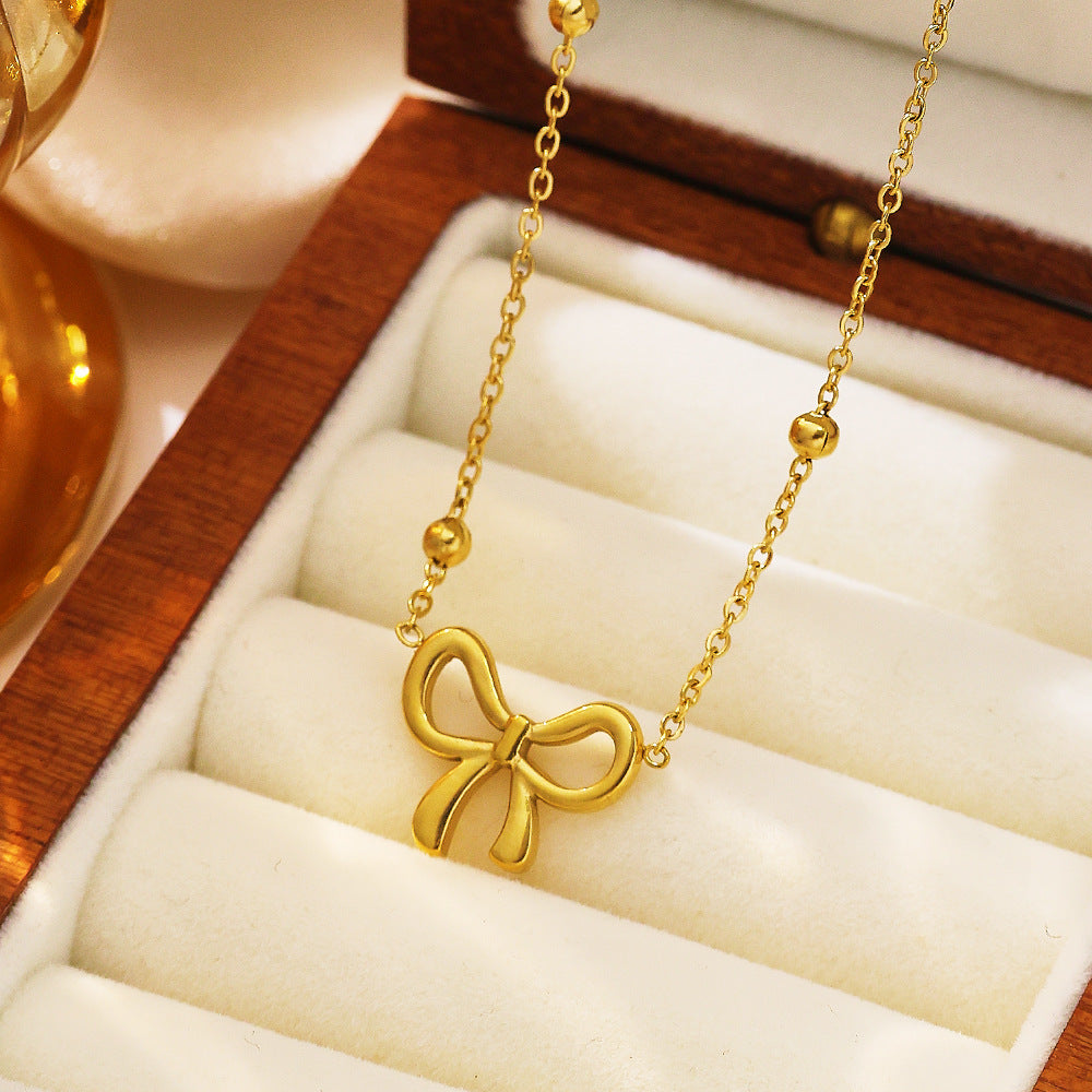 Titanium Steel Design Cute Hollow Bow Female Necklace