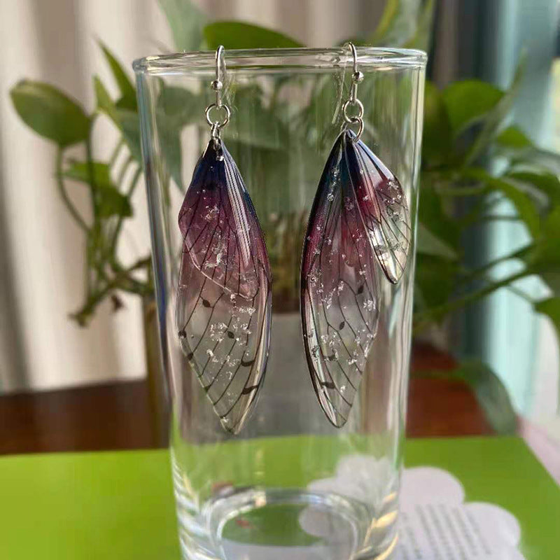 Women's Sier Cicada Wings Ear Hook Butterfly Temperamental Fairy Long Eardrop Earrings