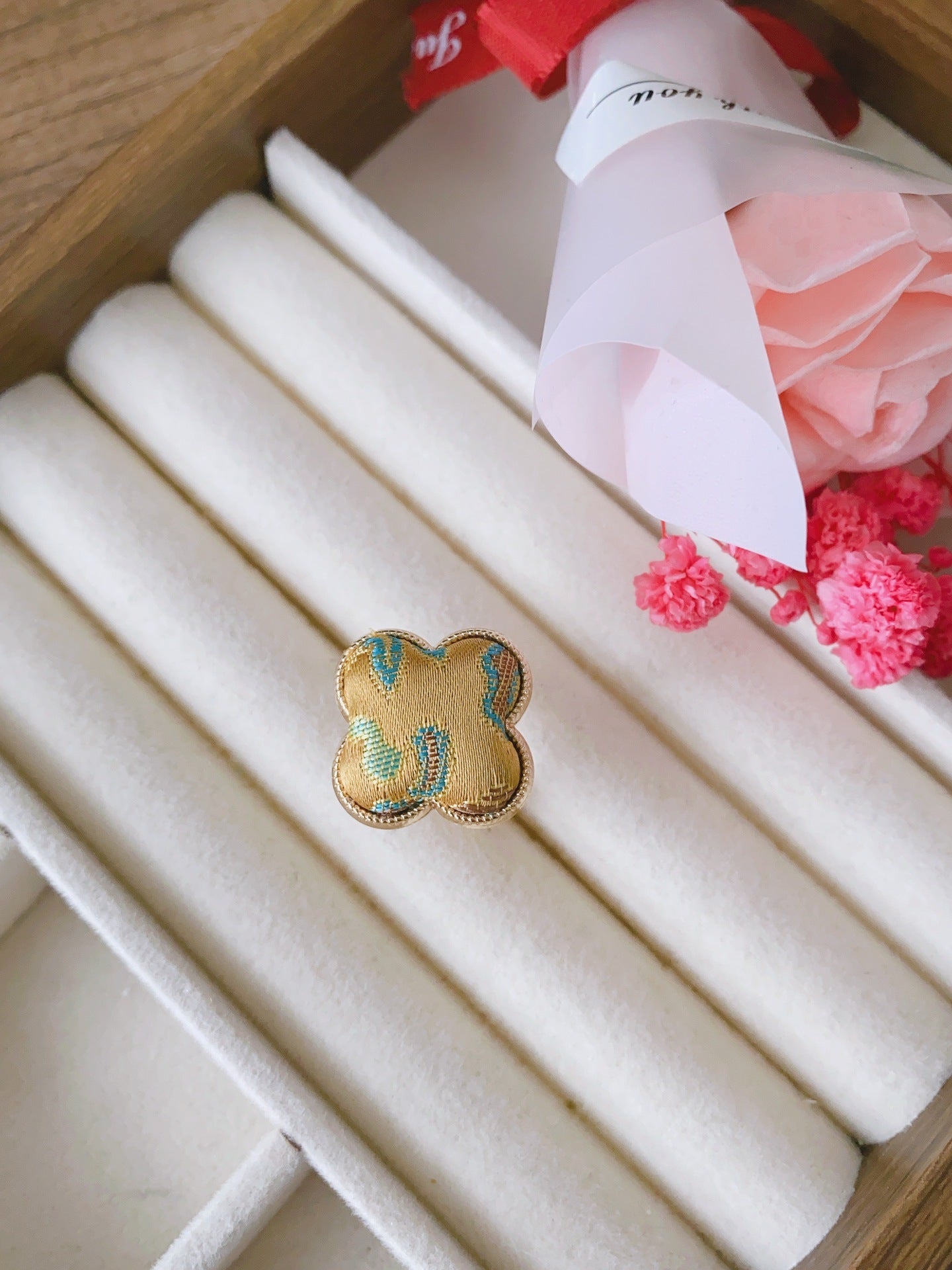 Chinese Style Song Dynasty Brocade Clover Finished National Adjustable Open Ring