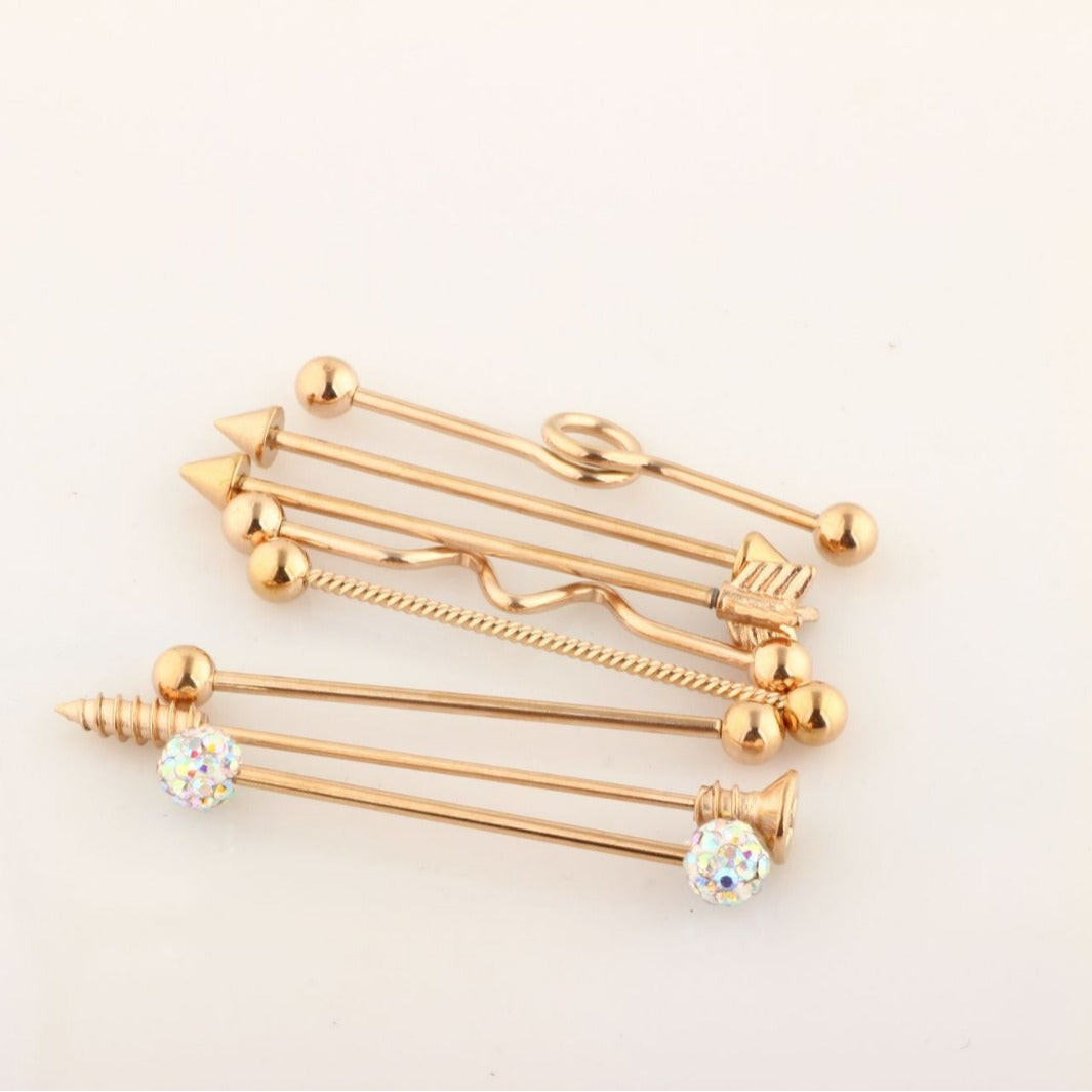 Gold Arrow Screw Ear Extender Industrial Barbell Popular Double Straight Stud Earrings