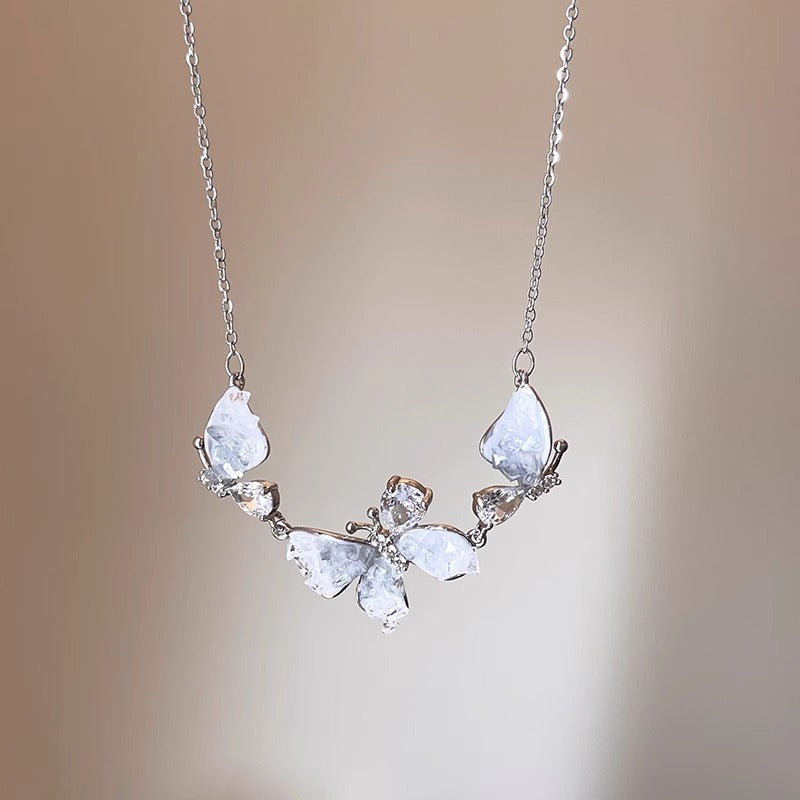 Style Temperament Crystal Butterfly Niche Design Blue Gradient Necklaces
