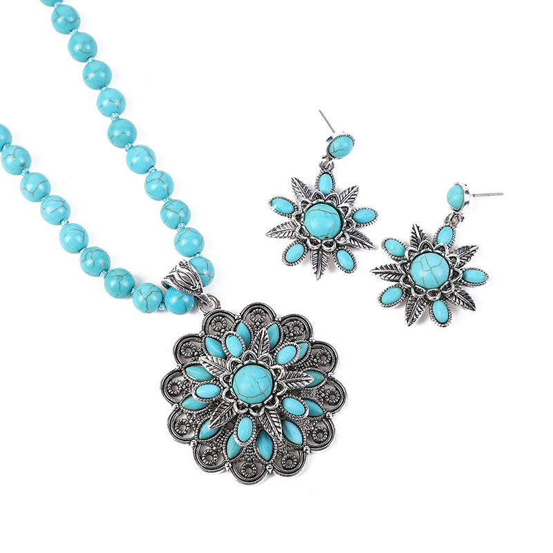 Retro Flower Turquoise Western Style Exaggerated Buddha Rings