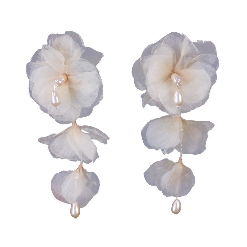 Beaded Ear Clip Artificial Pearl Bridal Wedding Satin Rose Earrings