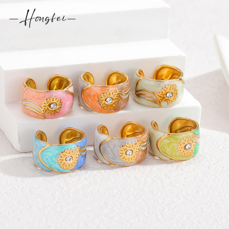 Steel Gold Drop Oil Sunflower Female Shaped Rings