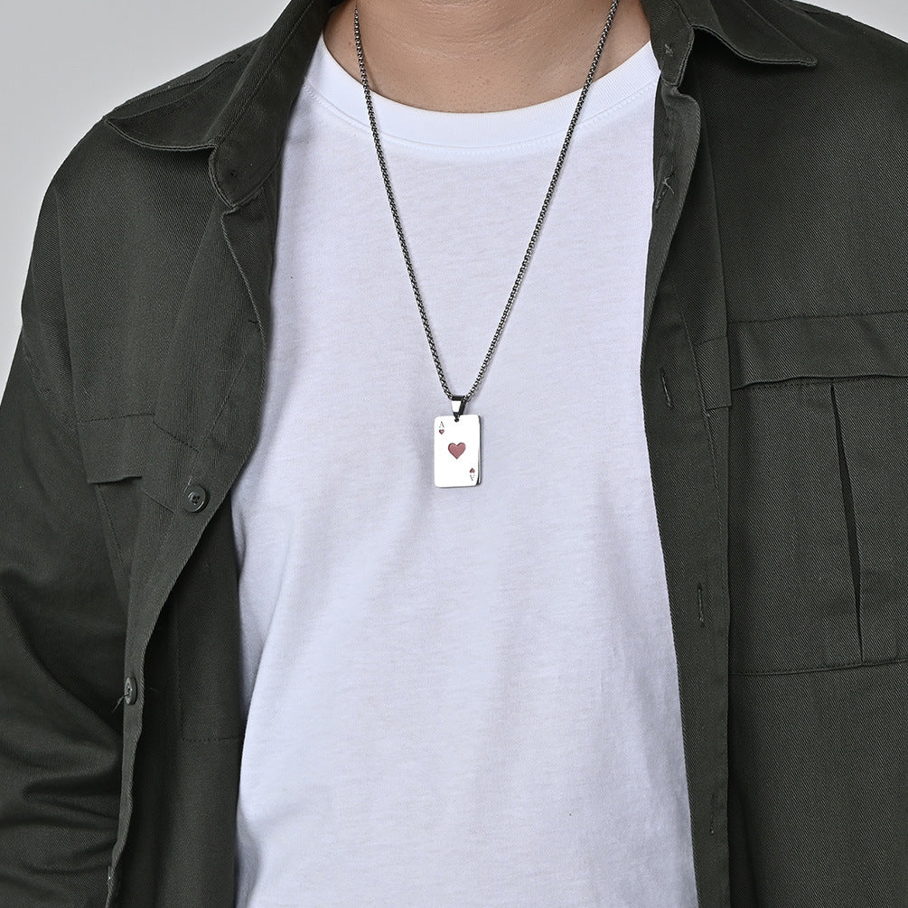 People Personality Red Peach Playing Card Tide Titanium Necklace