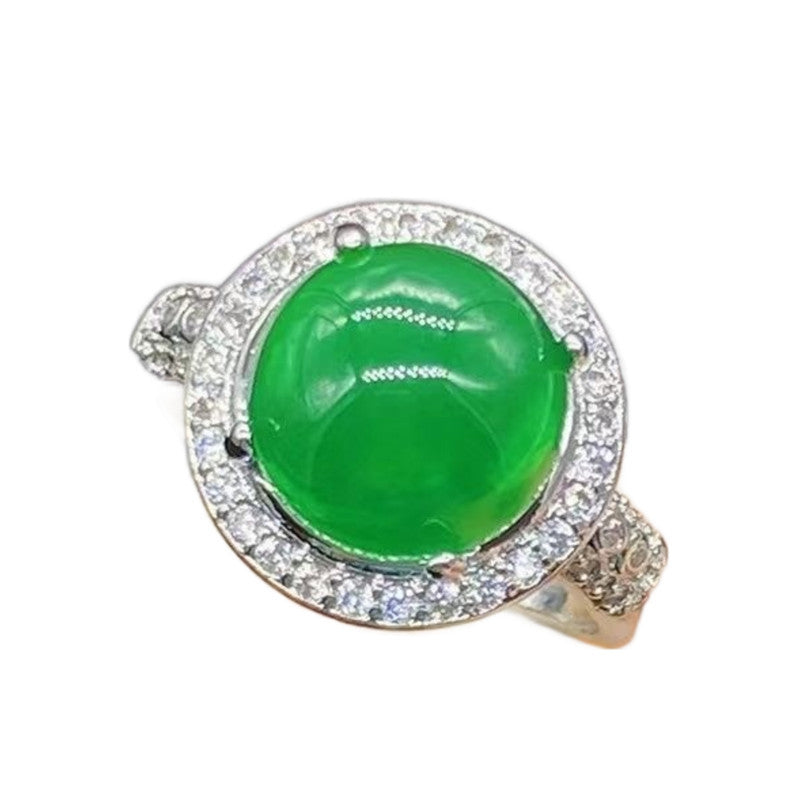Natural Icy Positive Green Emerald Egg Surface Four Claws Inlaid Ring
