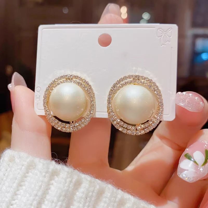 Women's Gold Rhinestone Large Pearl Light Luxury Temperament Stud Earrings