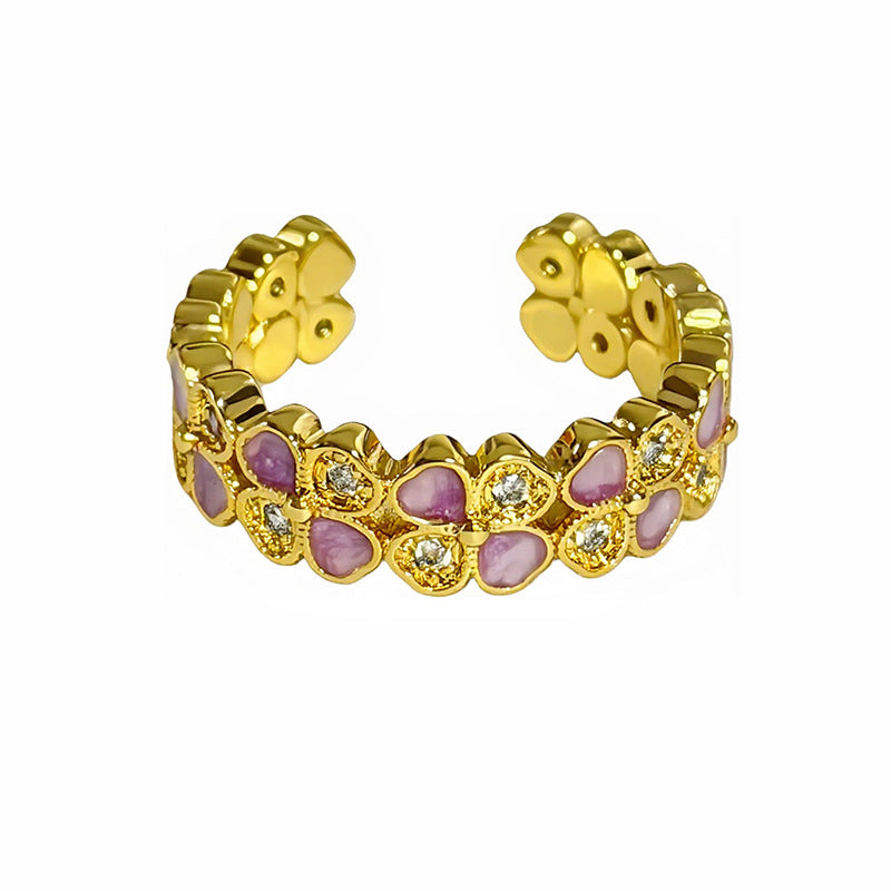 Luxury Retro Flower Auspicious Cloud Purple Enamel Open Niche Twin Rings