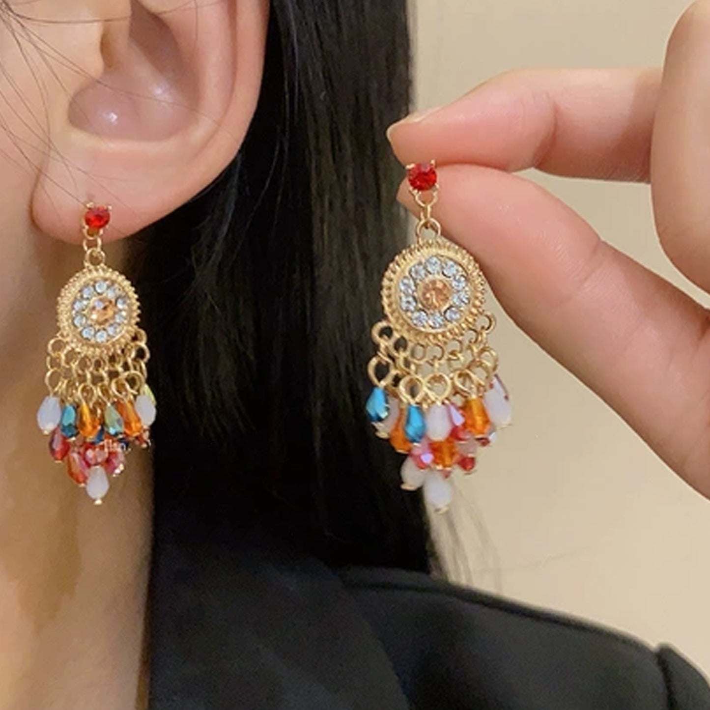 Summer Bohemian Fan-shaped Tassel Ear Hook Stud Earrings