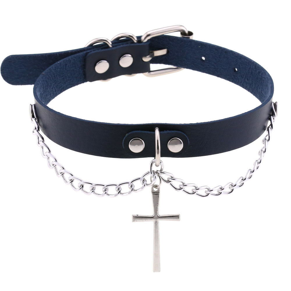 Leather Chain Cross Clavicle Classic Neckband Collar