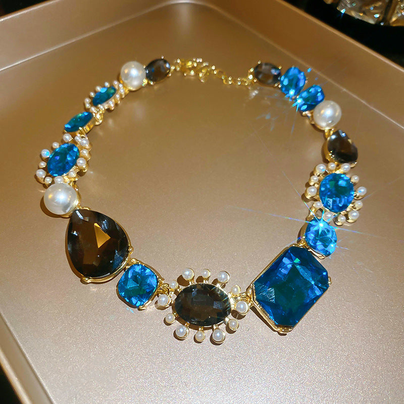 Style Turquoise Blue Diamond Flower Ear Light Luxury Minority Clavicle Necklaces