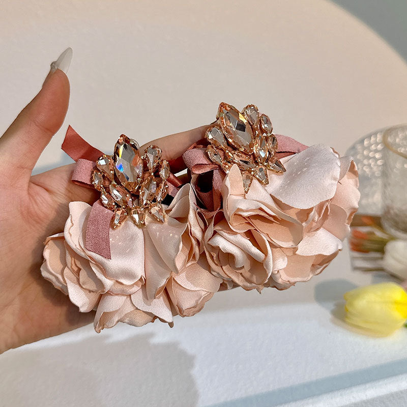 Handmade Fabric Crystal Flower Fashion Exaggerating Eardrops Earrings