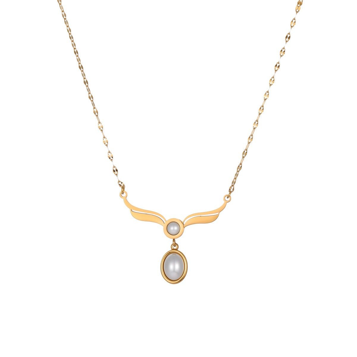 Stainless Steel Delicate Angel Wings Pearl Elegant Retro Temperament Clavicle Necklace