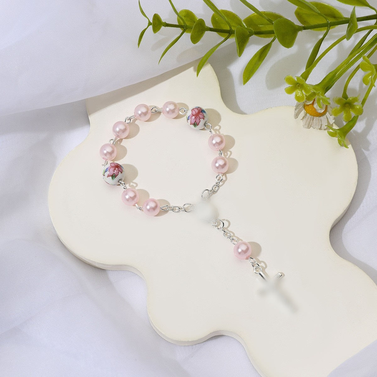 Women's & Men's Ceramic Flower Gift Cross Baptism Communion Bracelet
