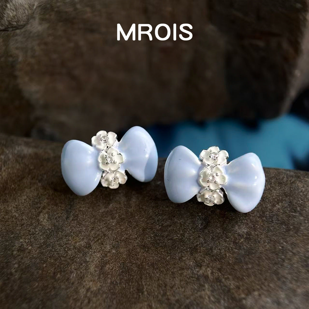 Milk Blue Drip Glazed Bow Flower Zircon Ear Earrings