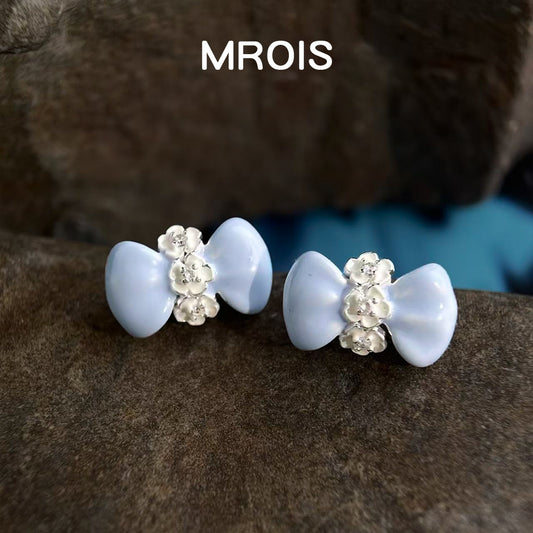 Milk Blue Drip Glazed Bow Flower Zircon Ear Earrings