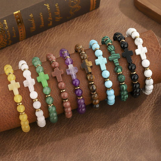 Stone Agate Crystal Cross Elastic Black White Bracelets