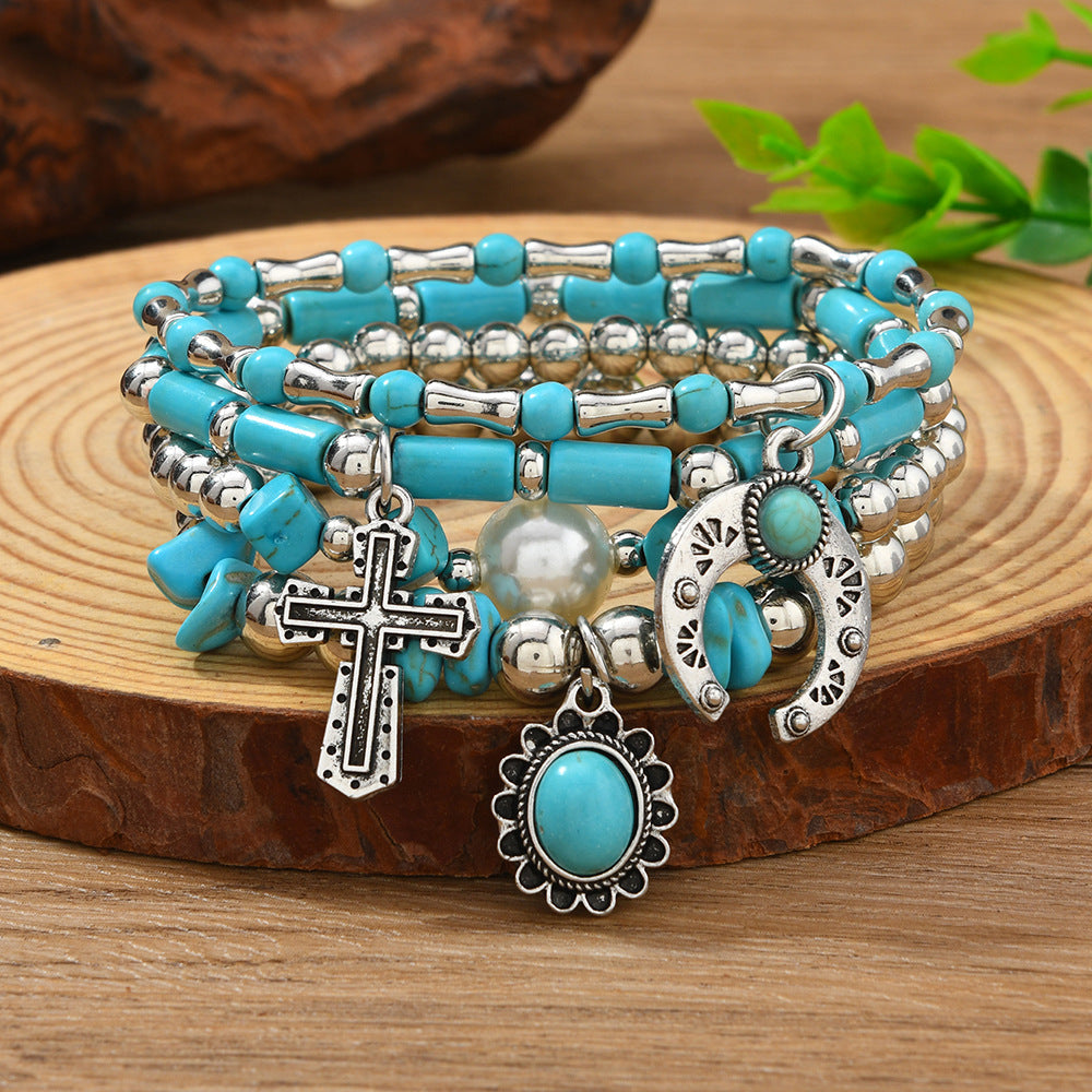 Women's Turquoise Handmade Beaded Bull Head Cowboy Hat Match Bracelet
