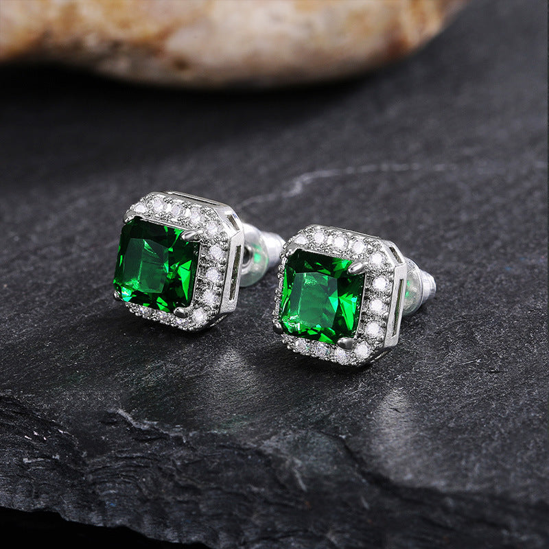 Women's Exquisite Square Ear Full Diamond Inlaid With Green Earrings