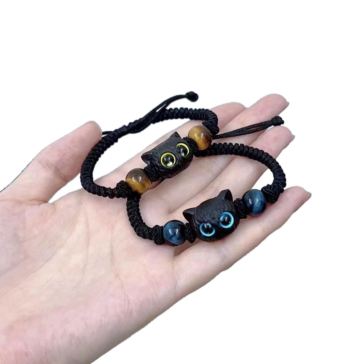 Women's & Men's Kitty Couple Pair Of Imitation Wood Crystal Bracelets