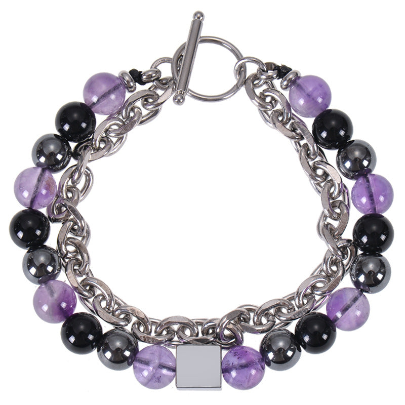 Men's Stainless Steel Square Black Magnet Beaded Bracelet