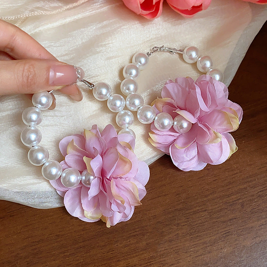 Women's Needle Fabric Flower Round Pearl Elegant Earrings