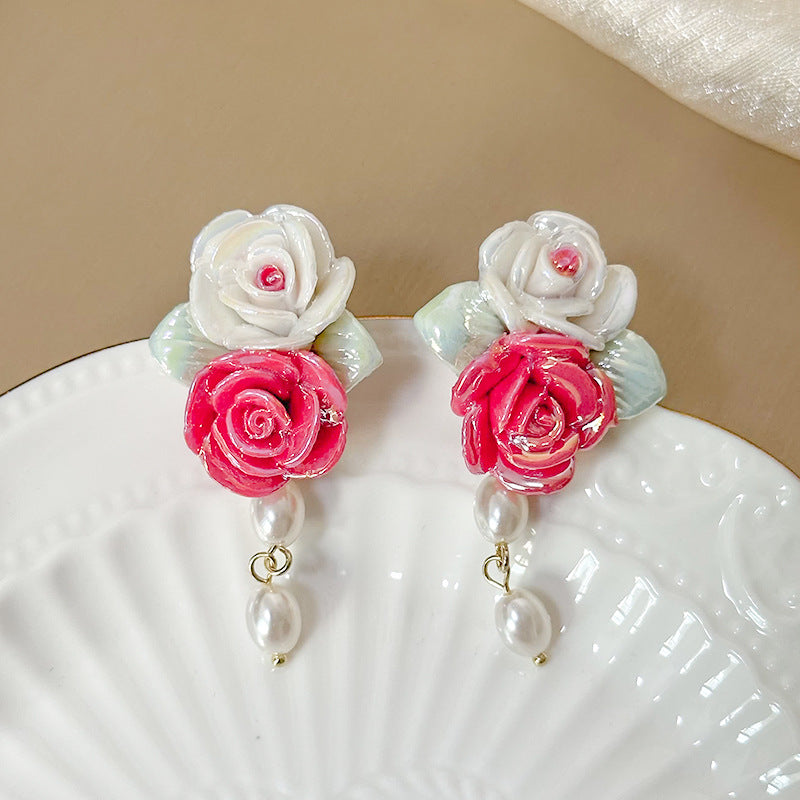 Ceramic Colorful Rose Fresh Mori Style Earrings